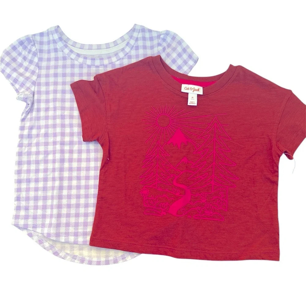 CAT & JACK Kid’s 2 Short Sleeves Size 4 Girls Red&Lilac  Casual Summer Tshirt
